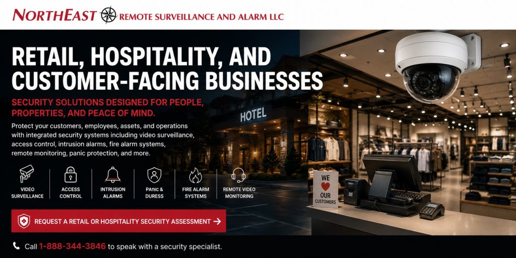 Retail, Hospitality and Customer Facing Businesses NERSA Retail and hospitality security systems including video surveillance, access control, intrusion alarms, panic protection, fire alarm coordination, parking-lot cameras, and multi-location management by Northeast Remote Surveillance and Alarm, LLC.