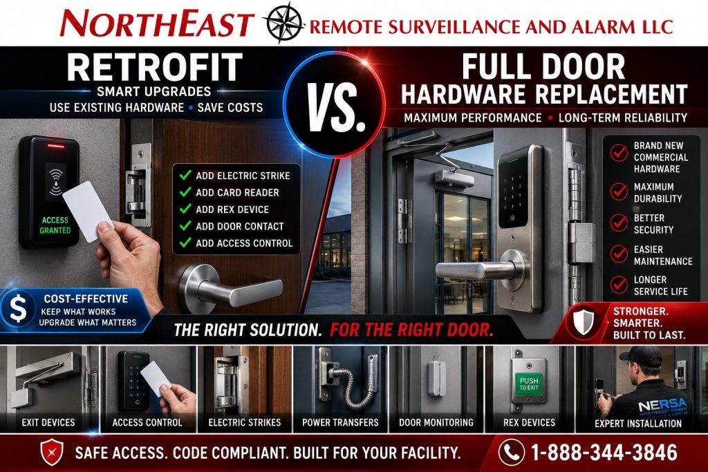 Retrofit vs. full commercial door hardware replacement graphic showing an existing access control door opening, electrified hardware, frame condition, reader, wiring path, and NERSA door hardware upgrade planning.