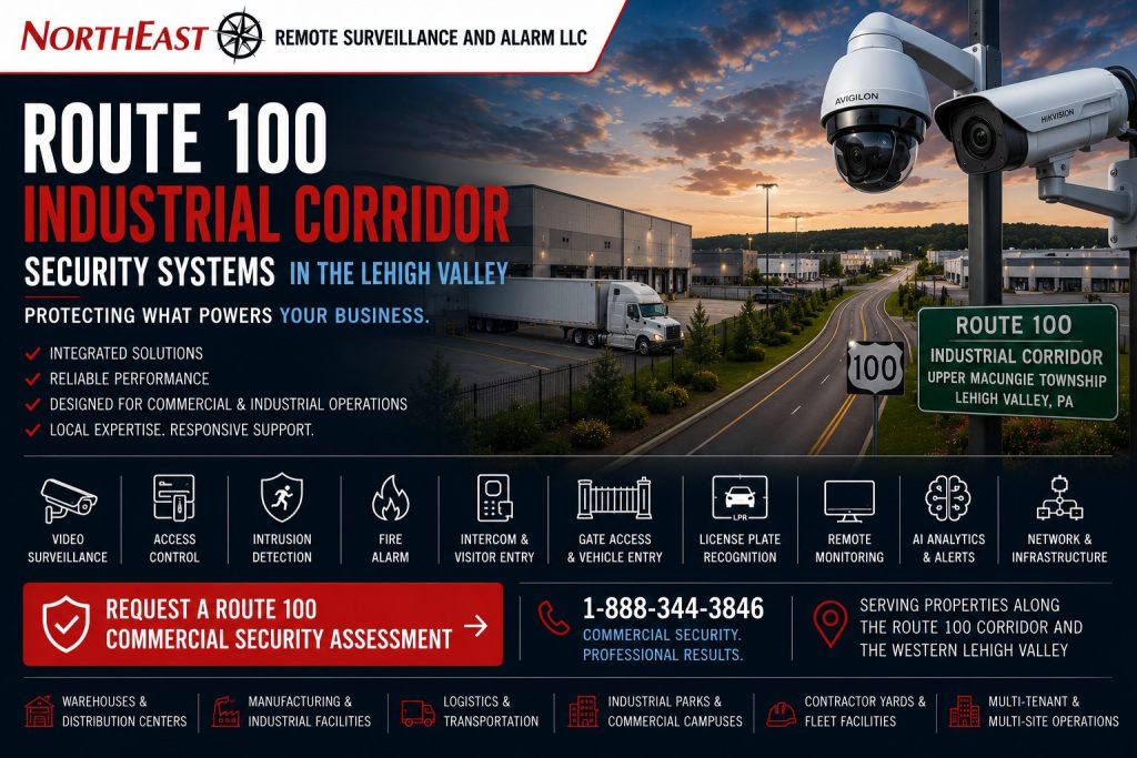 Commercial and industrial security systems for warehouses, manufacturing plants and logistics properties along Route 100 in the Lehigh Valley