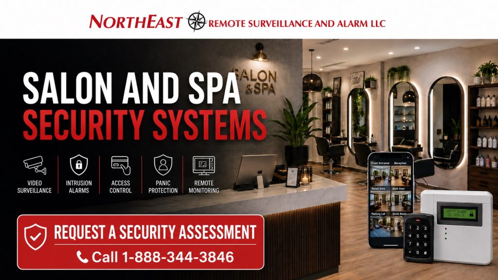 Salon and Spa Security Systems NERSA Salon and spa security systems by Northeast Remote Surveillance and Alarm, LLC showing a modern salon, security cameras, alarm keypad, access control, remote monitoring, and request a security assessment