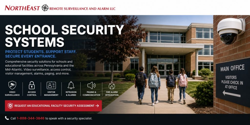 School Security Systems NERSA School security systems for educational facilities including controlled entrances, video surveillance, access control, visitor intercoms, emergency communication, fire alarm coordination, and parking-lot cameras by Northeast Remote Surveillance and Alarm, LLC.