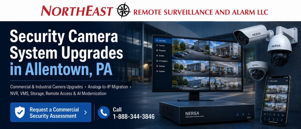 Security camera system upgrades in Allentown, PA showing replacement IP cameras, an upgraded NVR, improved remote access, longer video retention and Northeast Remote Surveillance and Alarm branding.