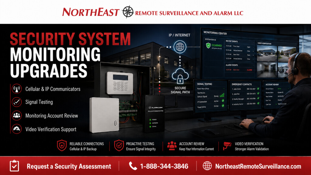 Security system monitoring upgrades by Northeast Remote Surveillance and Alarm, LLC showing a commercial alarm panel, cellular communicator, IP monitoring path, monitoring center dashboard, alarm signal testing, emergency contact list review, video verification support, and commercial-grade security monitoring support.
