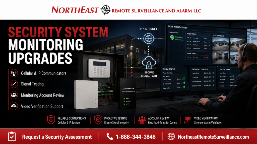 Security system monitoring upgrades by Northeast Remote Surveillance and Alarm, LLC showing a commercial alarm panel, cellular communicator, IP monitoring path, monitoring center dashboard, alarm signal testing, emergency contact list review, video verification support, and commercial-grade security monitoring support.
