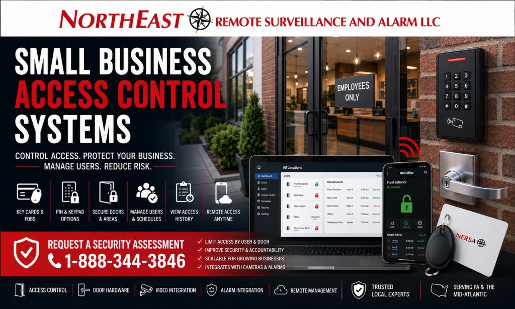 Small business access control systems by Northeast Remote Surveillance and Alarm, LLC showing an employee entrance, keypad reader, key cards and fobs, door hardware, remote access management dashboard, mobile app, access history, and request a security assessment CTA.