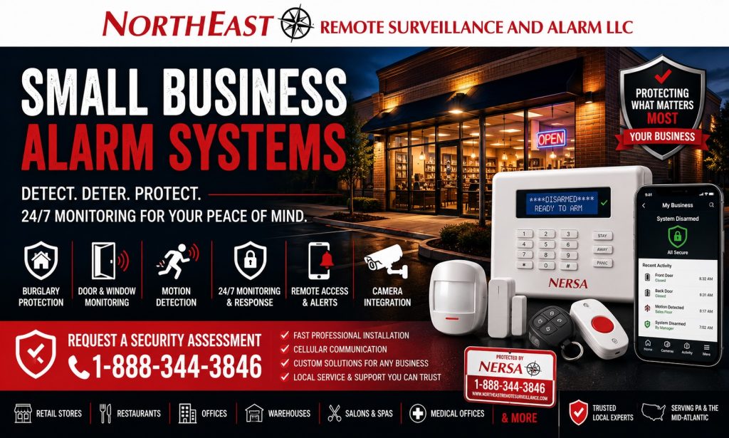 Small business alarm systems by Northeast Remote Surveillance and Alarm, LLC showing a commercial storefront at night, alarm keypad, motion detector, door and window contacts, panic button, remote mobile alerts, camera integration, 24/7 monitoring, and request a security assessment CTA.
