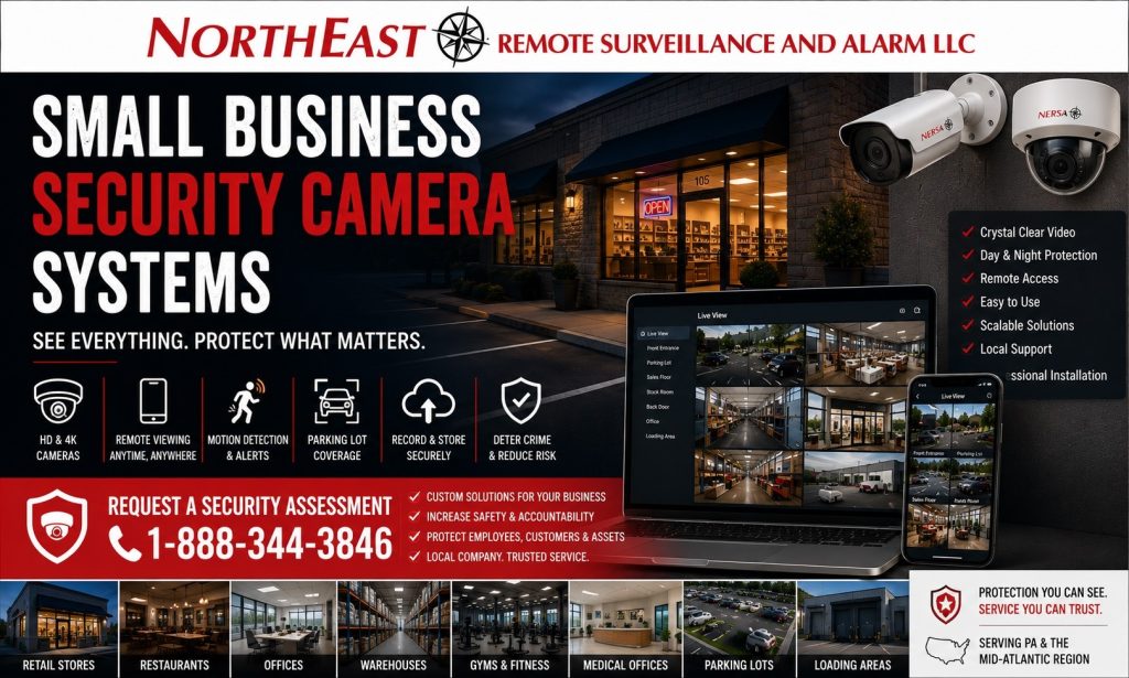 Small business security camera systems by Northeast Remote Surveillance and Alarm, LLC showing a commercial storefront, indoor and outdoor surveillance cameras, remote viewing dashboard, mobile camera app, parking lot coverage, motion alerts, video recording, and request a security assessment CTA.