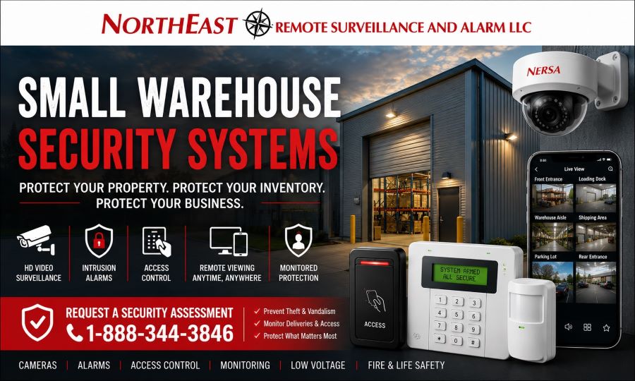 Small warehouse security systems by Northeast Remote Surveillance and Alarm, LLC showing a small warehouse loading area, security camera, access control reader, alarm keypad, motion detector, remote viewing, monitored protection, and request a security assessment CTA.