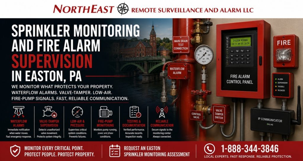 Sprinkler monitoring and fire alarm supervision in Easton, PA showing a commercial sprinkler riser, waterflow switch, valve-tamper switch, fire alarm monitor modules, control panel, communicator, and Northeast Remote Surveillance and Alarm branding.
