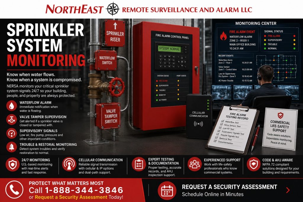 Sprinkler system monitoring by Northeast Remote Surveillance and Alarm, LLC showing commercial sprinkler riser, waterflow switch, valve tamper switch, fire alarm control panel, cellular communicator, monitoring dashboard, supervisory signals, testing documentation, and commercial life-safety support.