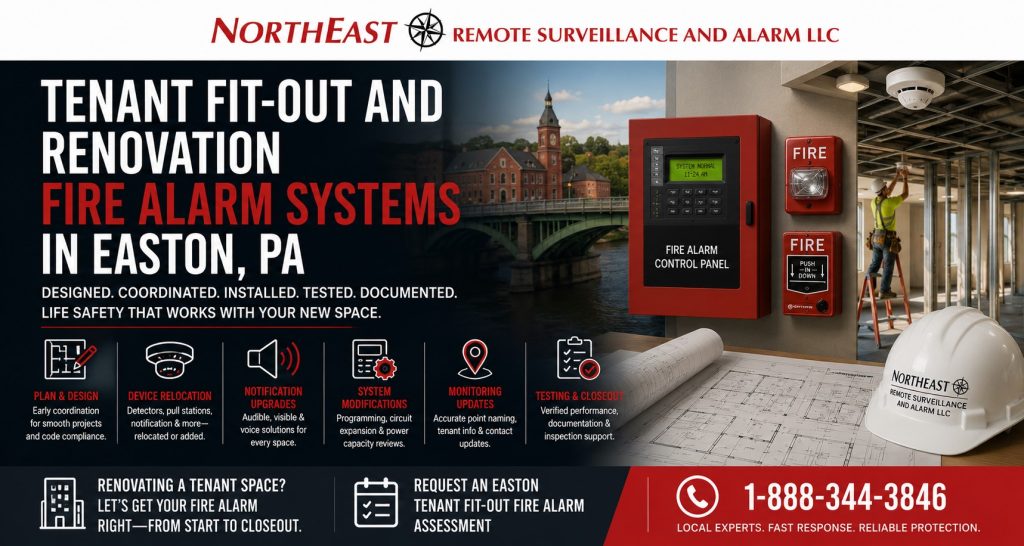 Tenant Fit Out and Rennovation Fire Alarm Systems in Easton PA NERSA Tenant fit-out and renovation fire alarm systems in Easton, PA showing a commercial construction plan, renovated office suite, fire alarm control panel, smoke detector, horn-strobe, device relocation, and Northeast Remote Surveillance and Alarm branding.