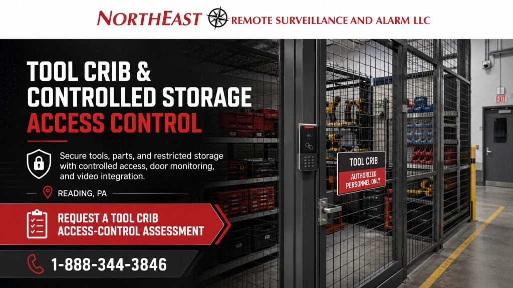 Tool Crib and Controlled Storge Access Control Readng PA NERSA Tool crib and controlled storage access control in Reading, PA featuring a secured industrial storage cage, credential reader, restricted tools and parts, and NERSA commercial security branding