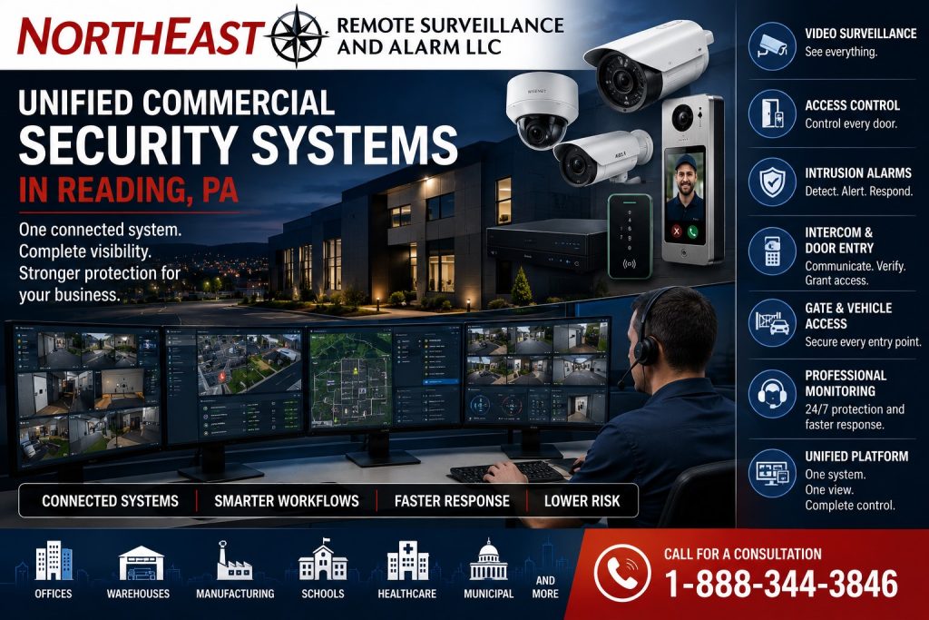 Unified Commercial Security Systems in Reading PA NERSA Unified commercial security systems in Reading, PA, integrating video surveillance, access control, alarms, intercoms, gate entry, and monitoring.