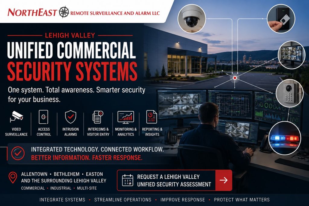Unified commercial security system integrating video surveillance, access control, alarms, intercoms and monitoring for a Lehigh Valley facility