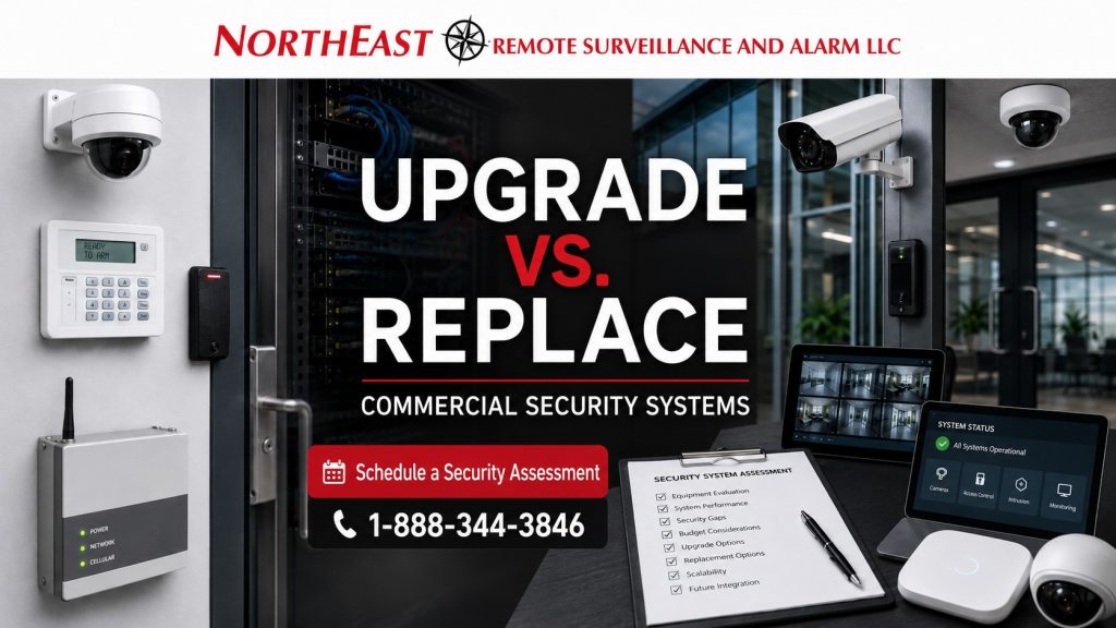 Upgrade vs replace commercial security system by Northeast Remote Surveillance and Alarm, LLC showing existing security cameras, access control readers, intrusion alarm panel, monitoring communicator, cabling, network equipment, assessment checklist, and commercial-grade upgrade planning support.