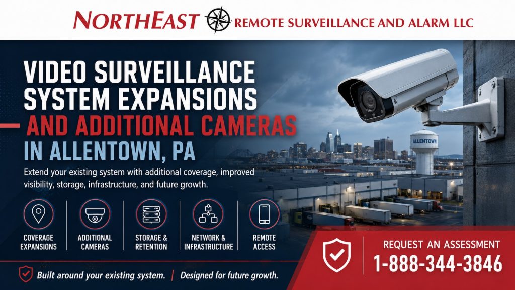 Video Surveillance System Expansion Allentown PA Video surveillance system expansions and additional security cameras for commercial and industrial facilities in Allentown, PA by Northeast Remote Surveillance and Alarm LLC.