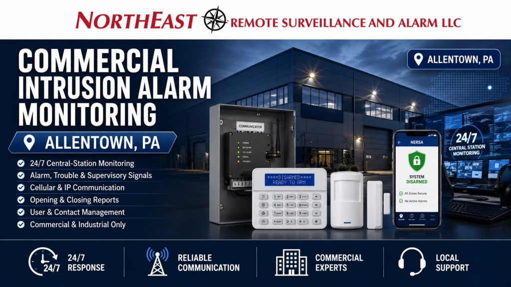 Video Verified Intrusion Alarm Systems NERSA Video-verified intrusion alarm system in Allentown, PA showing a commercial warehouse, alarm panel, door contact, motion detector, security camera, event video clip, and central-station verification.