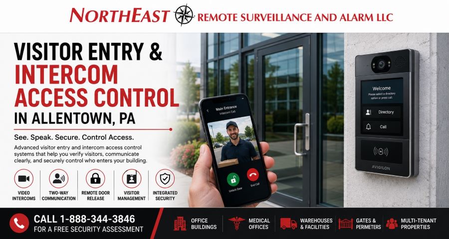Visitor Ennntry Access Control Systems NERSA Visitor entry and intercom access control system in Allentown, PA with video intercom, credential reader, remote door release and commercial entrance management.