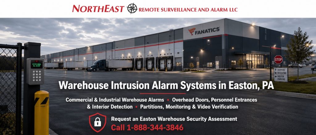 Warehouse Intrusion Alarm System Easton PA Warehouse intrusion alarm systems in Easton, PA, featuring the Fanatics distribution facility on Newlins Mill Road, loading docks, commercial keypad, monitored entrances, video verification, and Northeast Remote Surveillance and Alarm branding.