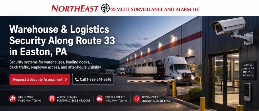 Warehouse and logistics security along Route 33 in Easton, PA with loading-dock cameras, truck and trailer monitoring, employee access control, and after-hours protection.