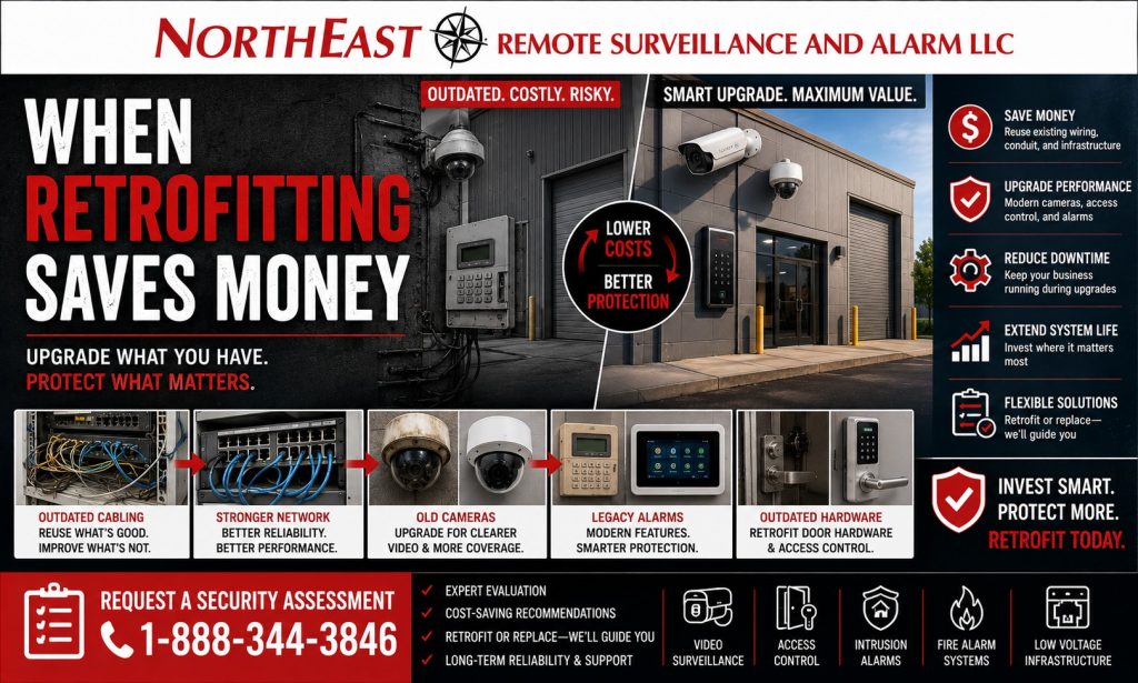 When retrofitting saves money by Northeast Remote Surveillance and Alarm, LLC showing outdated security equipment upgraded to modern cameras, access control, alarm systems, fire alarm support, low-voltage infrastructure, lower costs, better protection, and request a security assessment CTA.