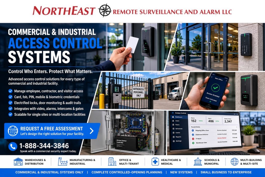 Commercial and industrial access control systems showing card readers, mobile credentials, controlled warehouse and office doors, electrified hardware, and centralized user administration.