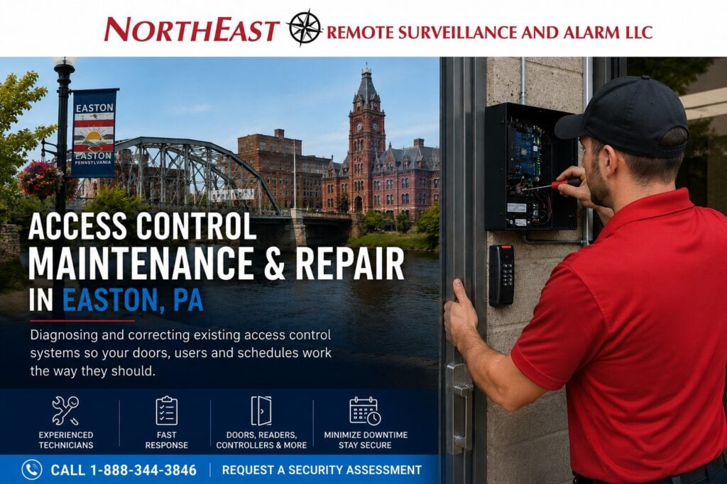 Commercial access control maintenance and repair in Easton Pennsylvania with technician testing card reader controlled door controller wiring and power supply
