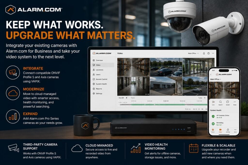 Alarm.com existing commercial camera integration with ONVIF and Axis cameras Commercial SVR cloud video upgrades and phased security camera modernization