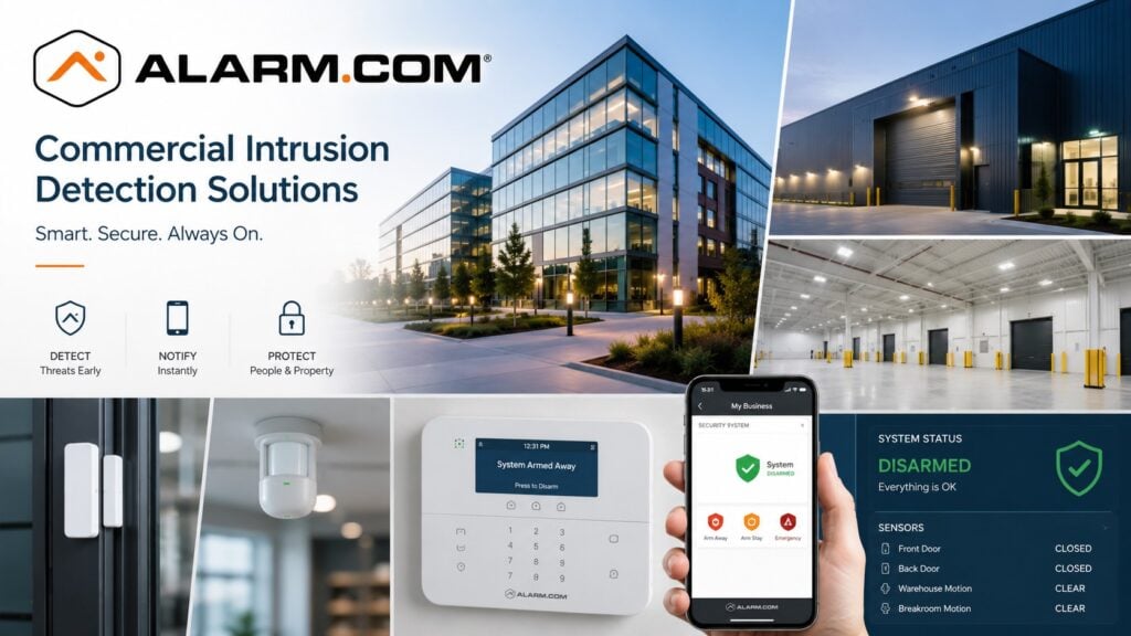 Alarm.com Commercial Intrusion Detection Systems NERSA Alarm.com commercial intrusion detection system with automatic arming user management door protection motion detection commercial monitoring and remote security control