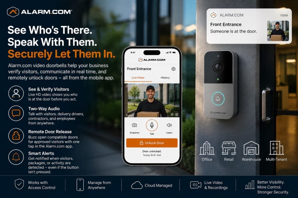Alarm.com business video doorbell and commercial visitor entry with live video two-way audio visitor verification delivery management and remote door release