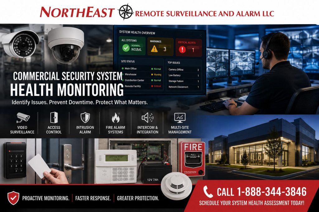 Commercial security system health monitoring for a business facility, featuring video surveillance cameras, access control, intrusion and fire alarm equipment, centralized system-status dashboards, multi-site monitoring, and a call to schedule an assessment with Northeast Remote Surveillance and Alarm.