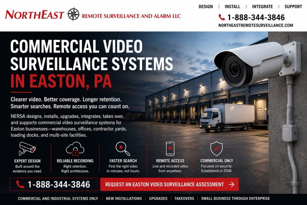 Commercial video surveillance systems in Easton, PA featuring a warehouse loading dock, commercial security camera, remote access, recording, and video search solutions from Northeast Remote Surveillance and Alarm, LLC.