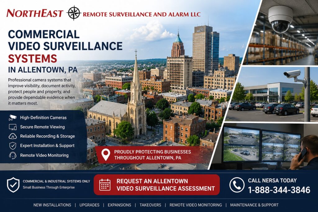 Allentown, PA commercial video surveillance systems with downtown skyline, warehouse and office security cameras, remote video monitoring, and Northeast Remote Surveillance and Alarm branding.