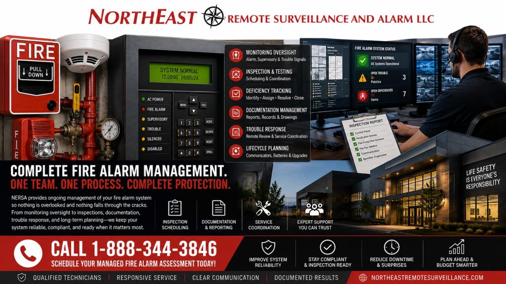 Complete Fire Alarm Management and Fire Systems Health Testing NERSA Managed commercial fire alarm services featuring a fire alarm control panel, smoke detector, pull station, sprinkler supervisory devices, monitoring status, inspection records, and system-health alerts.