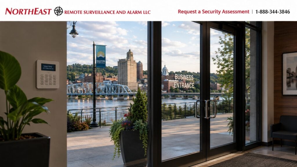Easton PA Commercial Alarm System NERSA Commercial alarm installation in Easton, Pennsylvania with an interior security keypad, secured business entrance, and view toward downtown Easton and the riverfront.