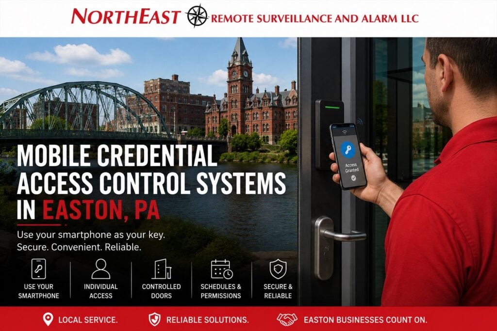 Mobile credential access control system in Easton, Pennsylvania with employee smartphone entry, commercial card reader, controlled door, individual permissions, access schedules, and NERSA security services.