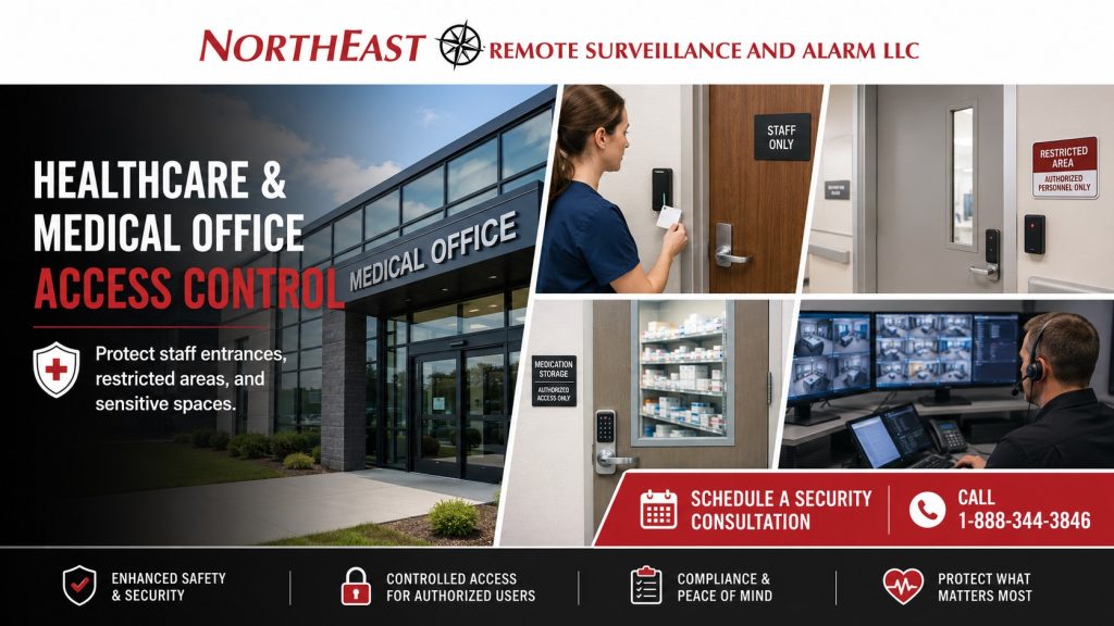 Healthcare and Medical Office Access Control Easton, PA Healthcare and medical office access control in Easton, PA with staff badge readers, restricted-area doors, medication storage security, video monitoring, and NERSA security consultation CTA.