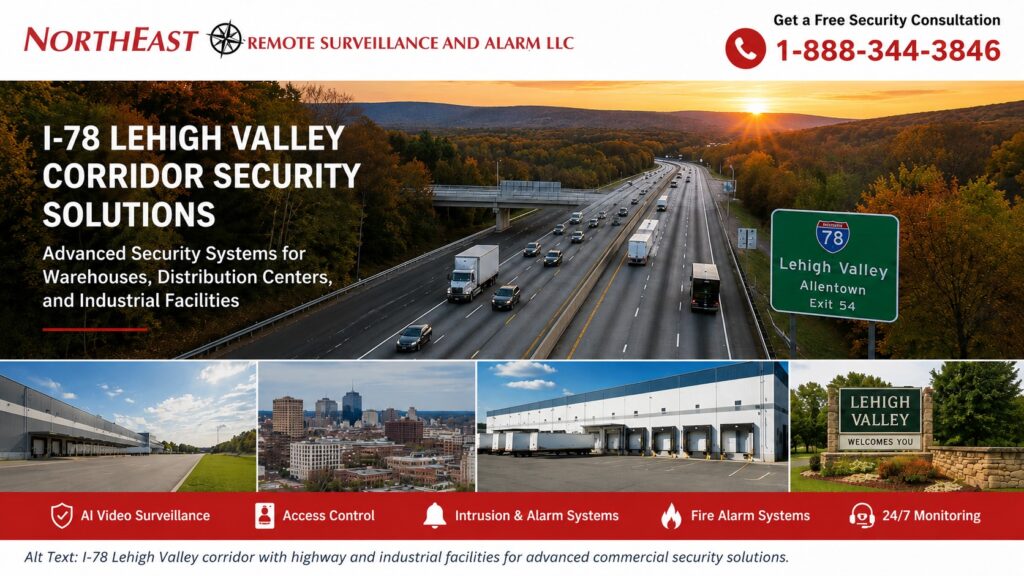 I-78 Lehigh Valley corridor with highway traffic, warehouses, distribution centers, and industrial facilities representing commercial security systems by Northeast Remote Surveillance and Alarm.