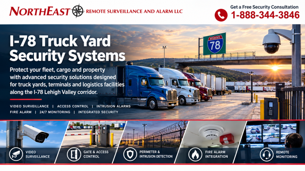 I-78 Truck Yard Security Systems I-78 truck yard security systems in the Lehigh Valley with tractor-trailers, gated access control, video surveillance, perimeter protection, fire alarm integration, and remote monitoring.
