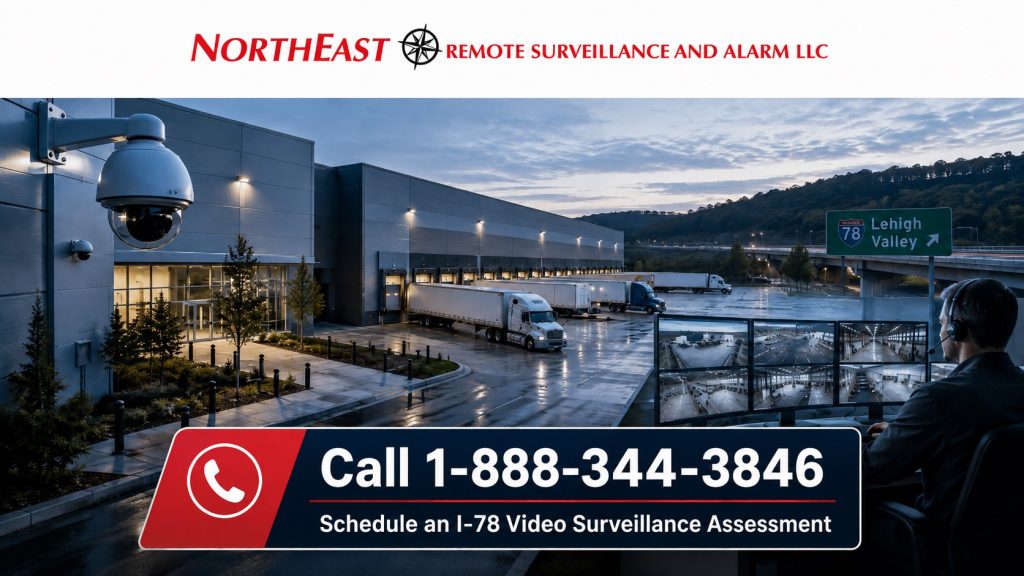 I-78 Video Surveillnce Systems NERSA I-78 commercial video-surveillance system covering Lehigh Valley warehouses, loading docks, truck courts, trailer rows, employee entrances, parking areas, vehicle gates, and logistics facilities