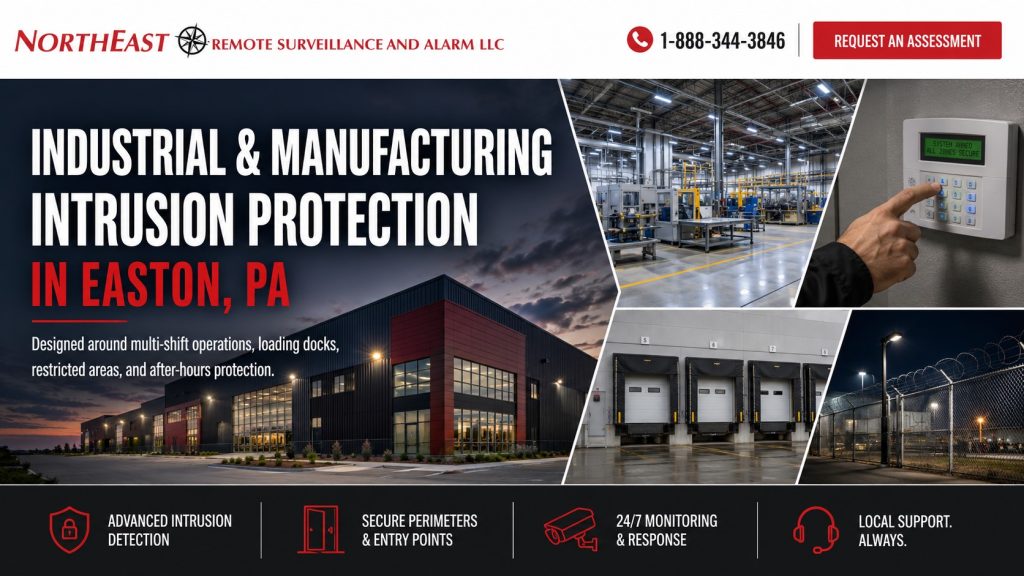 Industrial and manufacturing intrusion protection in Easton, PA with commercial alarm keypad, loading docks, secure perimeter, 24/7 monitoring, and NERSA support.
