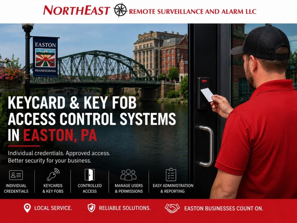 Key Card and Key Fob Access Control Systems Easton PA NERSA Keycard and key fob access control systems in Easton Pennsylvania with employee credential reader controlled commercial door card access and key fob entry