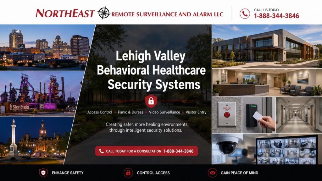Lehigh Valley Behavioral Health Security Systems NERSA Lehigh Valley healthcare security upgrades, retrofits and takeovers collage featuring Allentown, Bethlehem SteelStacks, Easton Centre Square, healthcare facilities, access control upgrades, camera replacement, visitor entry, centralized video monitoring, and Northeast Remote Surveillance and Alarm branding.