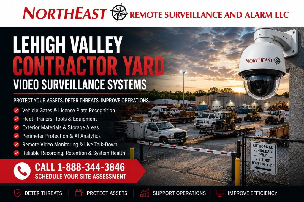 Lehigh Valley Contractor Yard Video Surveillance NERSA Lehigh Valley contractor-yard video surveillance system protecting vehicle gates, fleet trucks, trailers, tools, equipment, exterior materials, storage areas, fence lines, and after-hours activity with AI analytics, license plate recognition, remote monitoring, and system-health oversight.