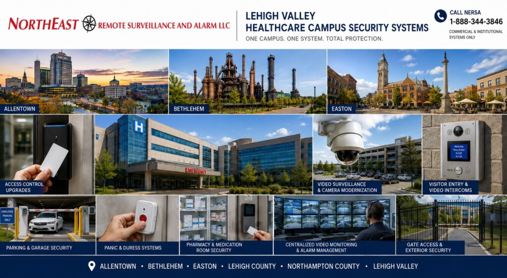 Lehigh Valley Healthcare Campus Security Systems NERSA Lehigh Valley healthcare campus security systems collage featuring Allentown, Bethlehem, Easton, healthcare buildings, access control upgrades, video surveillance, visitor intercoms, parking and garage security, panic and duress systems, pharmacy protection, centralized monitoring, gate access, and Northeast Remote Surveillance and Alarm branding.