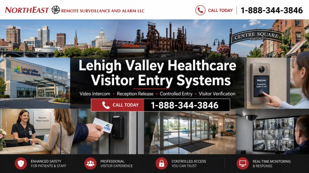 Lehigh Valley healthcare visitor entry systems collage featuring Allentown, Bethlehem SteelStacks, Easton Centre Square, a Lehigh Valley healthcare facility, video intercom, receptionist-controlled entry, card access, entrance surveillance, and Northeast Remote Surveillance and Alarm branding.