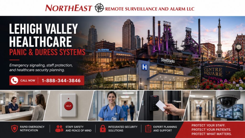 Lehigh Valley healthcare panic and duress systems collage featuring Allentown, Bethlehem, and Easton landmarks, a healthcare facility, medical staff, emergency panic button, access control reader, and video surveillance, branded by Northeast Remote Surveillance and Alarm.