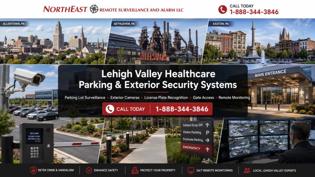Lehigh Valley Healthcare Parking and Exterior Security Systems NERSA Lehigh Valley healthcare parking and exterior security systems collage featuring Allentown, Bethlehem SteelStacks, Easton, healthcare entrances and parking areas, exterior surveillance cameras, gate access, visitor parking, remote video monitoring, and Northeast Remote Surveillance and Alarm branding.
