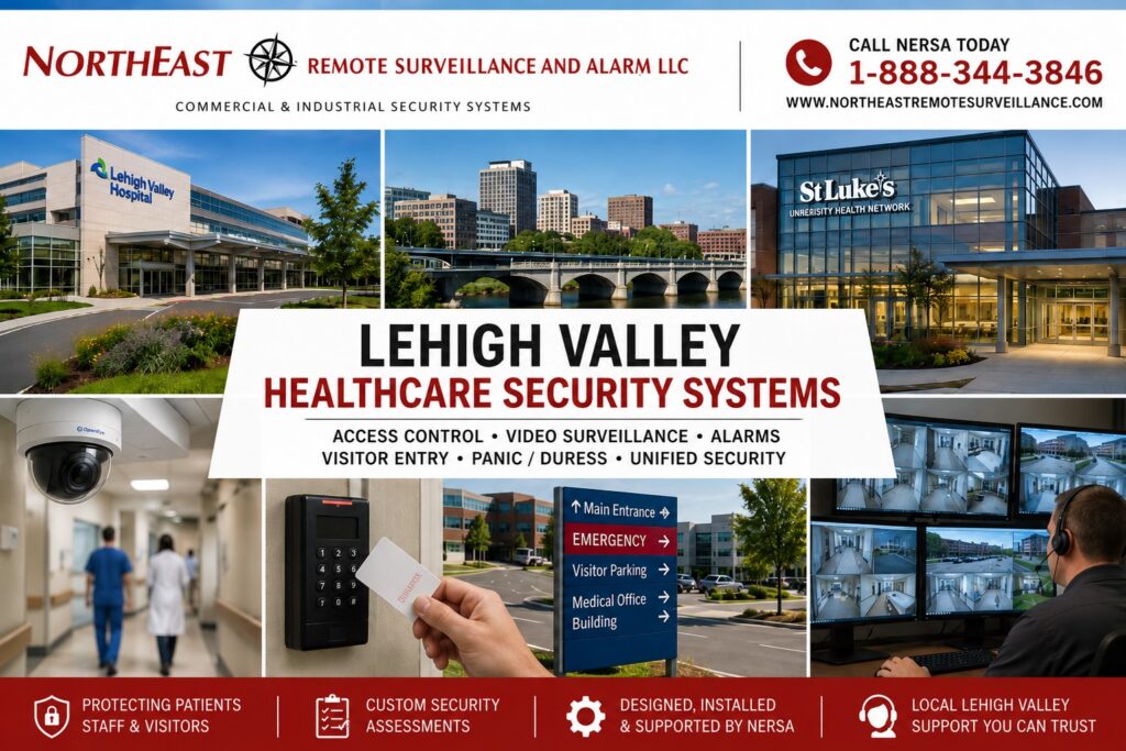 Lehigh Valley Healthcare Security Systems NERSA Lehigh Valley healthcare security systems collage featuring hospital and medical facility exteriors, access control, video surveillance cameras, visitor entry, emergency areas, and remote monitoring, with Northeast Remote Surveillance and Alarm branding and 1-888-344-3846.