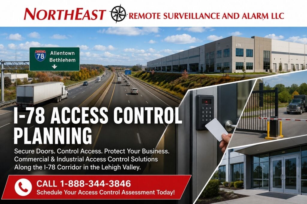 I-78 Access Control Planning for commercial and industrial facilities in the Lehigh Valley, featuring warehouse security, card reader access, vehicle gate control, and NERSA commercial security services.
